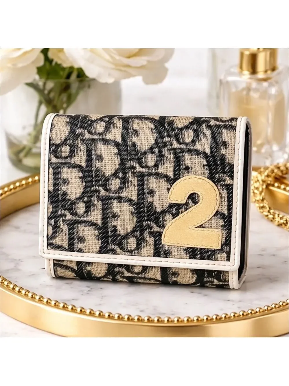 AUTHENTIC CHRISTIAN DIOR TROTTER #2 SNAP BIFOLD WALLET NAVY CREAM WITH BOX SPAIN